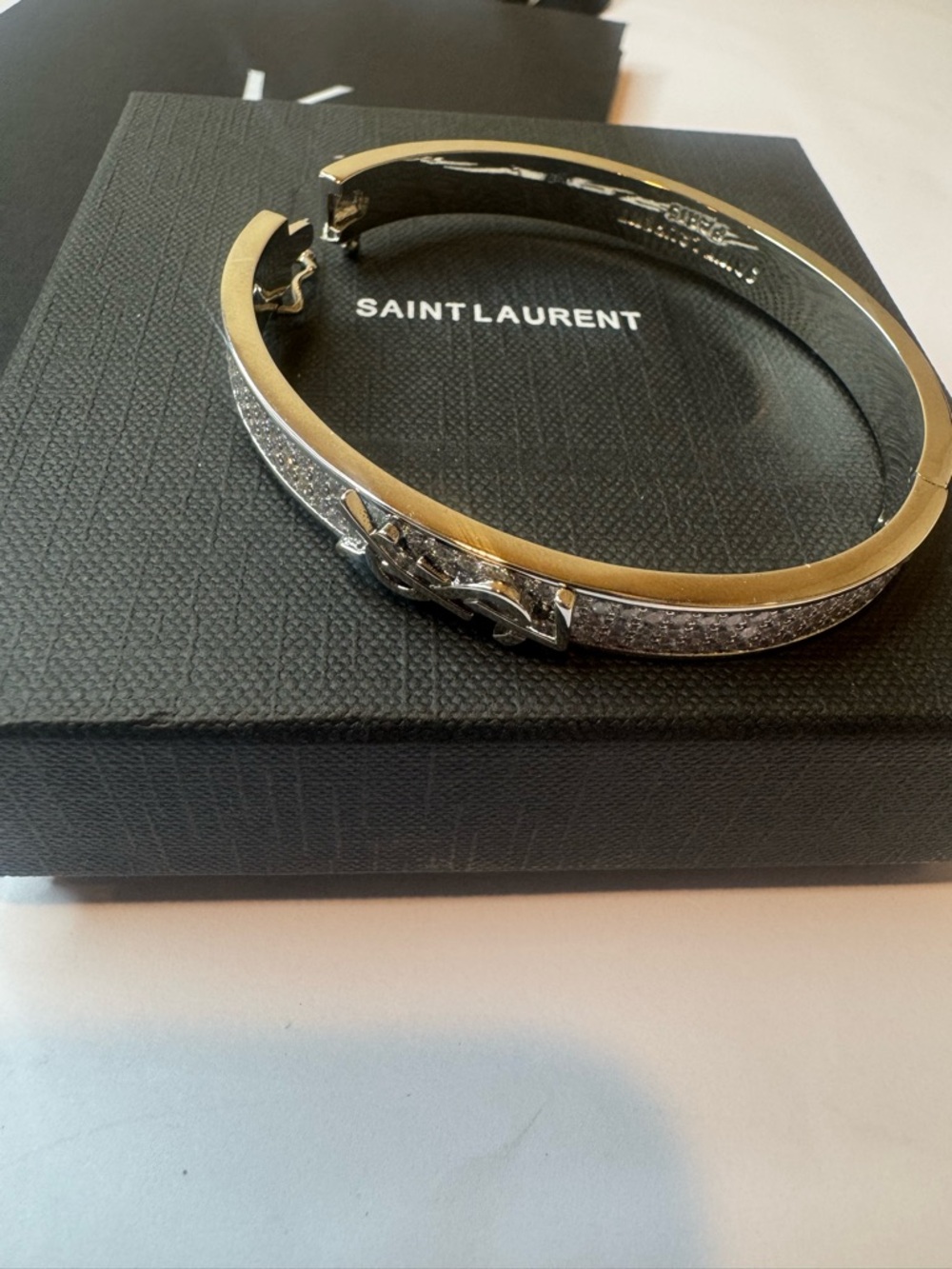Saint Laurent Silver Crystal Logo Pavé Bracelet - Picture 2 of 13